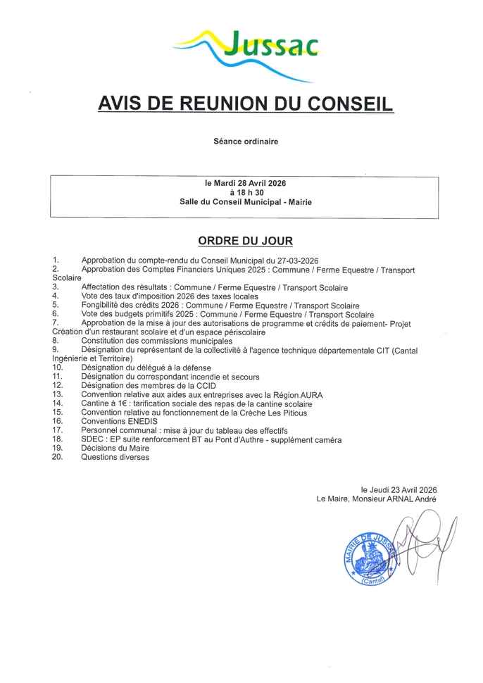Avis de réunion du Conseil Municipal du 28-04-2026